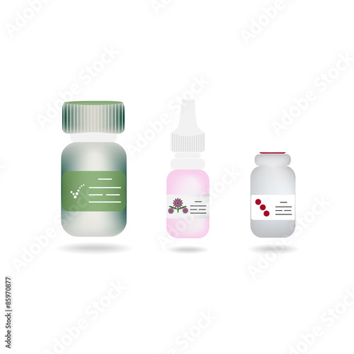 A set of three bottles on isolated background. Vials for