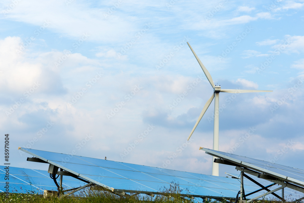 Fototapeta premium Wind turbine and solar panel