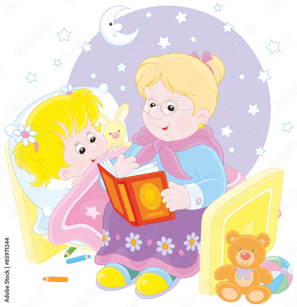 Grandmother reading aloud a book of fairy tales to her grandchild lying in her bed Grandmother reading aloud a book of fairy tales to her grandchild lying in her bed