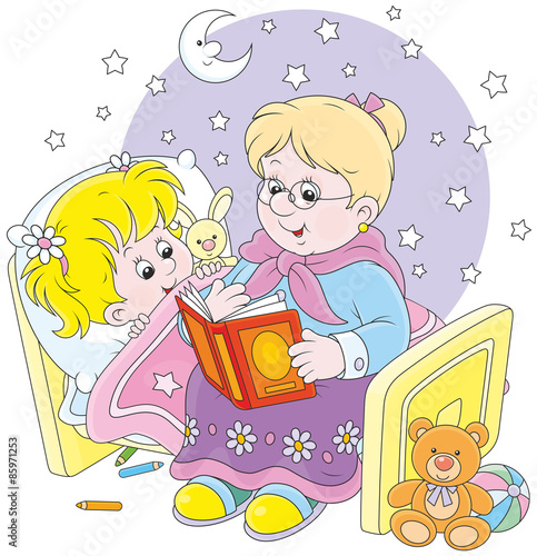 Grandmother reading aloud a book of fairy tales to her grandchild lying in her bed
