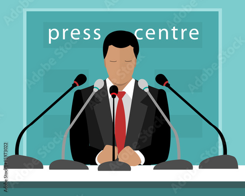 Flat design concept of press conference with a speaker. Vector illustration of faceless man with microphones speaking to press.
