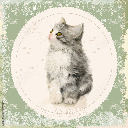 Vintage card with fluffy kitten. Imitation of watercolor paintin