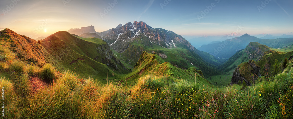 Mountain sunrise panorama in Dolomites, Passo Giau - obrazy, fototapety, plakaty 