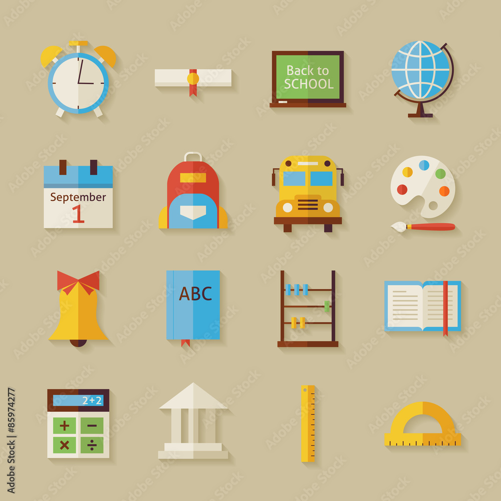 Vector Flat Back to School Objects Set with Shadow Vector Flat Back to School Objects Set with Shadow