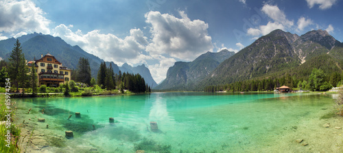 Panorama of Lake dobbiaco, Dolomites mountain photo