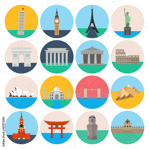 Travel landmarks icon set