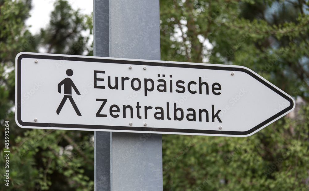 german walking sign to the new european central bank in frankfur german walking sign to the new european central bank in frankfur