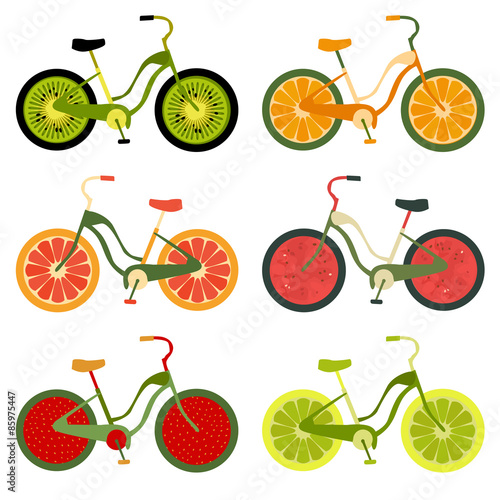 Collection of bikes with fruit wheels