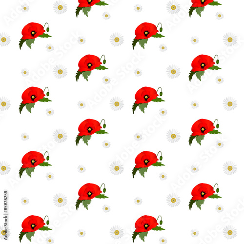 Seamless pattern with chamomile and poppies flowers © klyaksun
