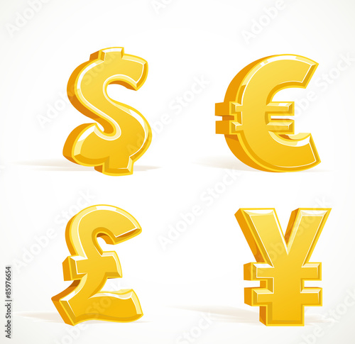 Monetary gold signs - dollar, pound, euro and yen