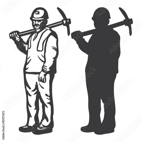CONSTRUCTION WORKER OUTLINE AND SILHOUETTE illustration vector
