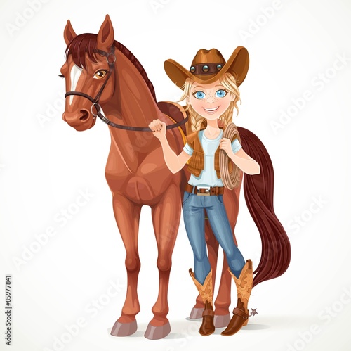 Teen girl dressed as a cowboy holds the reins saddled horse isol