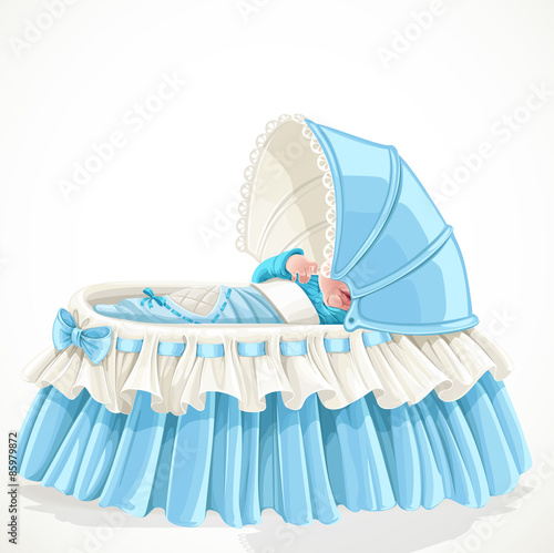 Baby in blue cradle isolated on white background