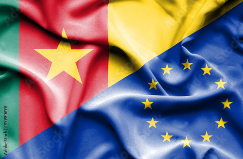Waving flag of European Union and Cameroon