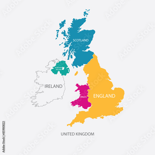 Foto VEREINIGTES KÖNIGREICH KARTE, UK MAP mit Rändern in verschiedenen Farben