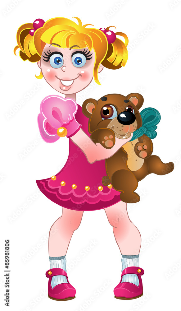 girl in pink dress and teddy bear isolated on a white background girl in pink dress and teddy bear isolated on a white background