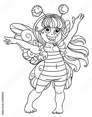 Small girl in carnival suit bee black outline for coloring