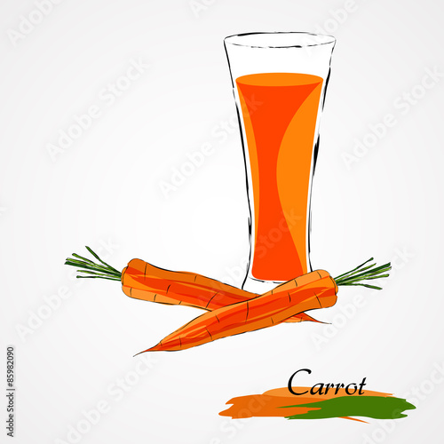 Hand drawn vector ripe orange carrot and juice in glass on light background