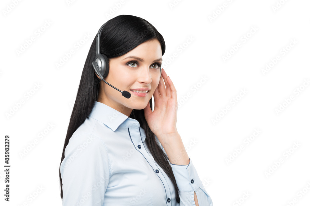 Portrait of smiling cheerful support phone operator in headset. Isolated. Portrait of smiling cheerful support phone operator in headset. Isolated.