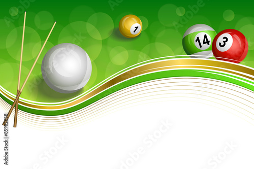 Background abstract green billiards pool cue red white yellow ball gold frame illustration vector