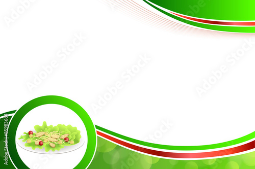 Abstract background food chicken Caesar salad tomato crackers green red yellow illustration vector