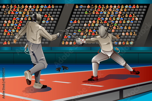 Two Men Fencing in the Competition