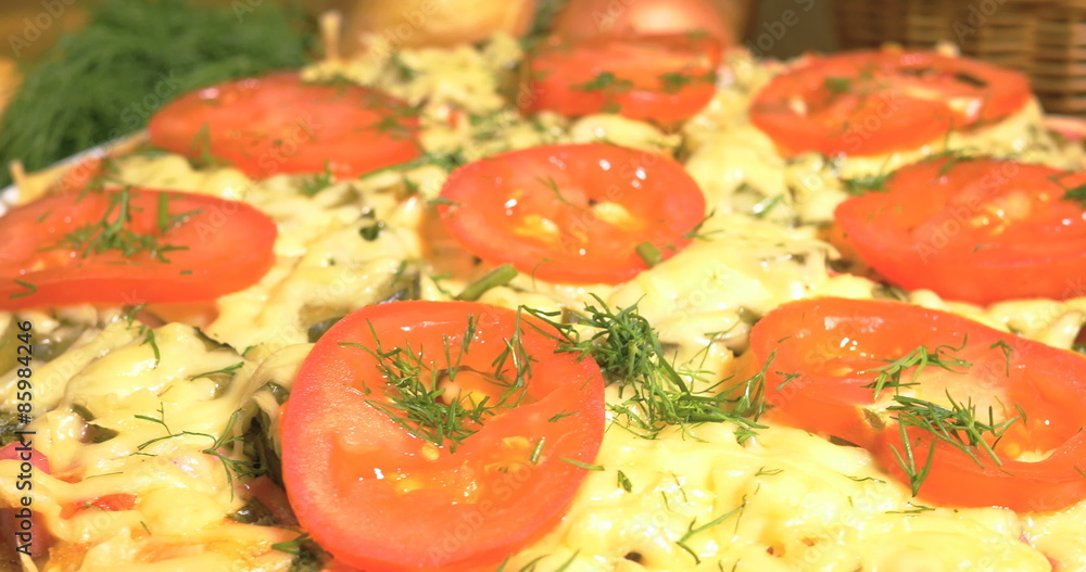 Italian pizza with meat, tomatoes ,dill and double cheese Italian pizza with meat, tomatoes ,dill and double cheese