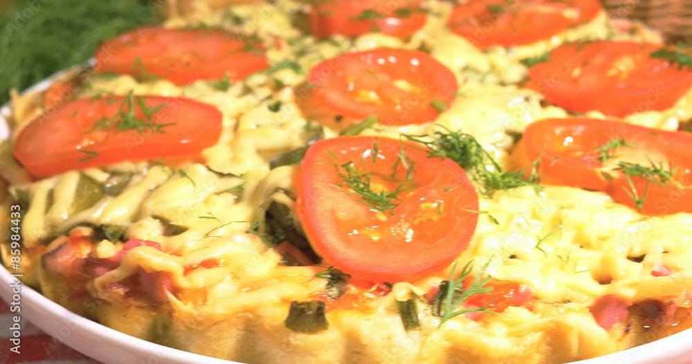 Italian pizza with meat, tomatoes ,dill and double cheese Italian pizza with meat, tomatoes ,dill and double cheese
