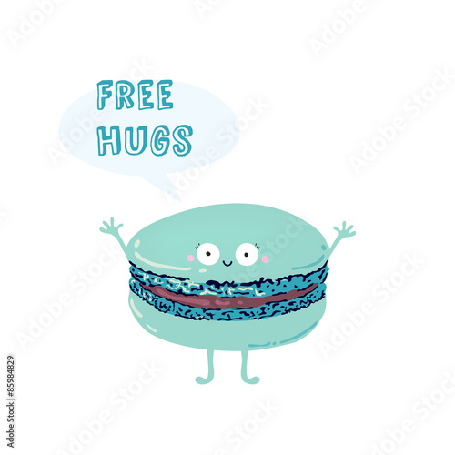 Postcard with cute macaroon Inscription free hugs.