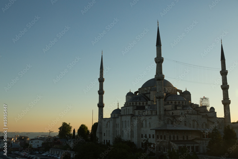 Sultan Ahmet mosque at sunset with a view to the Sea of Marmara, Istanbul, Turkey