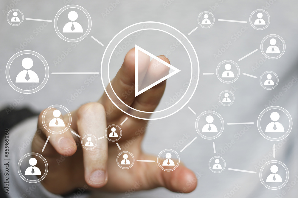 Businessman hand press web play button icon Businessman hand press web play button icon