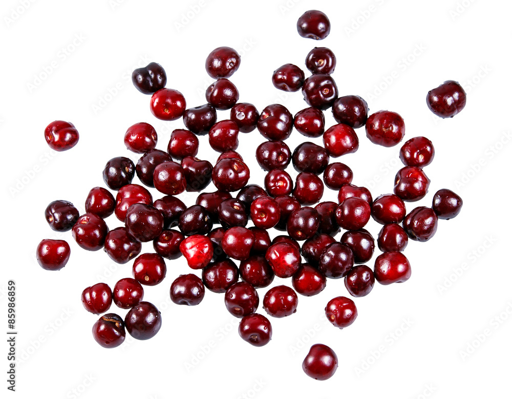 Fresh Juicy Cherries. scattered on white background. 