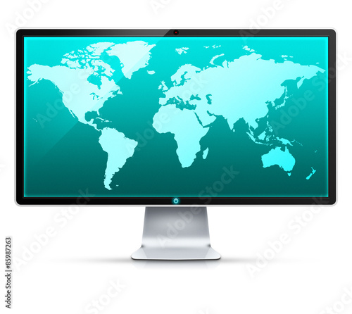 Ilustracja monitora z mapą świata