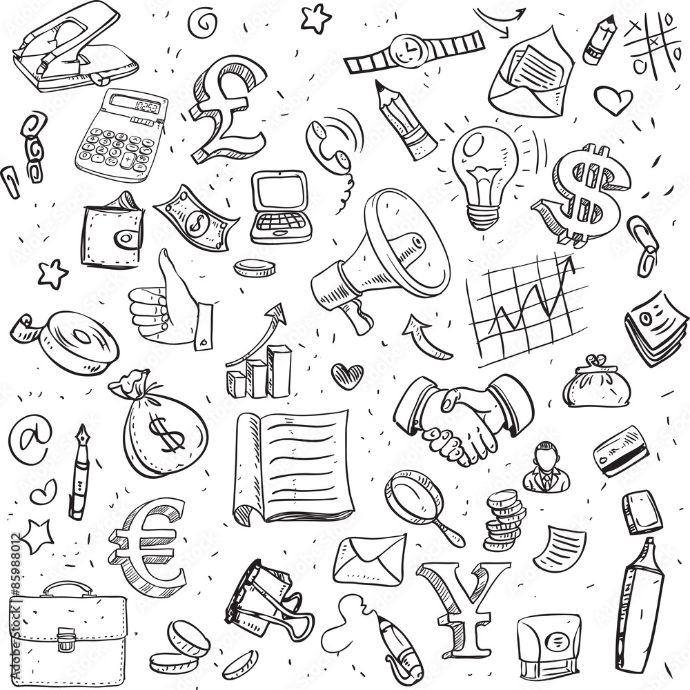 Seamless pattern of black doodles on business theme