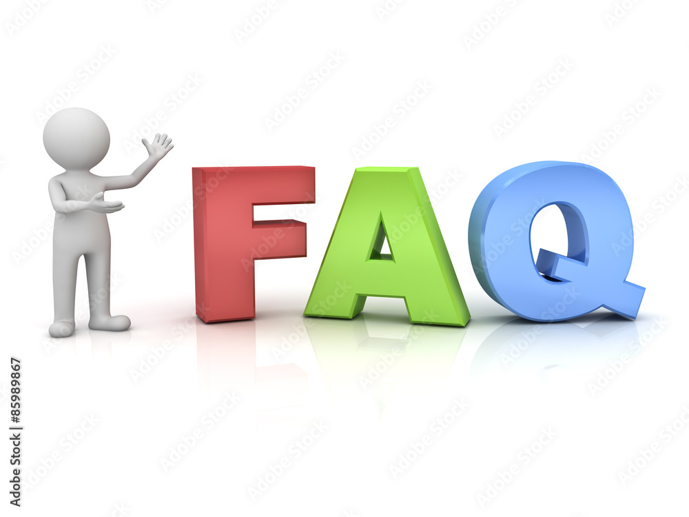 3d man standing and presenting faq word isolated over white background 3d man standing and presenting faq word isolated over white background