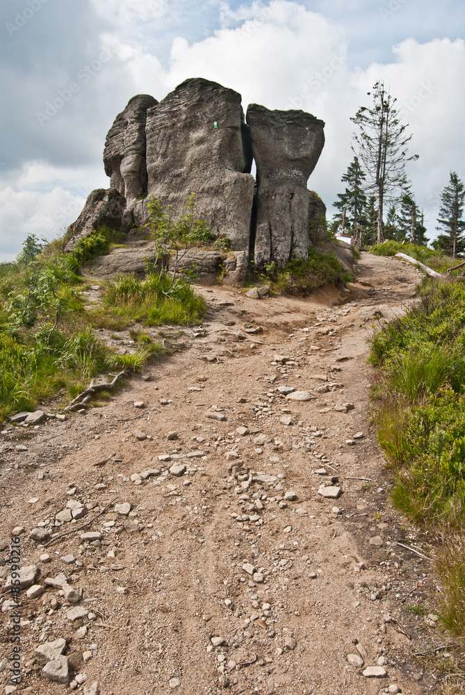 rock formation on Malinowska Skala hill in Beskid Slaski mountains