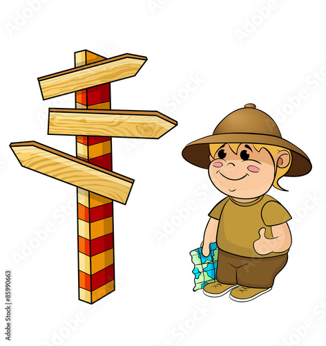 a traveler with a map and a sign post
