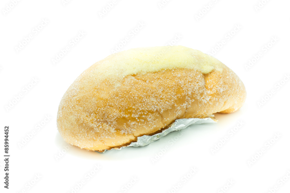 Buttered bread on white background