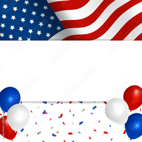 american flag with balloons and confetti and space for text