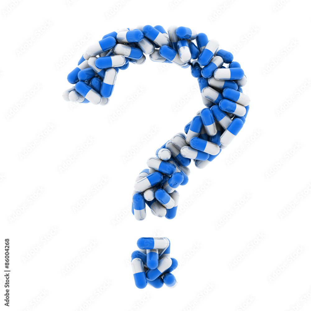 The question mark of the medications. Blue medications. 3D.