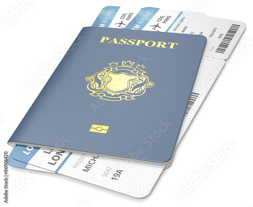 Passport and ticket. Blue Passport and Boarding Pass. Non-Country golden Blazon. photo