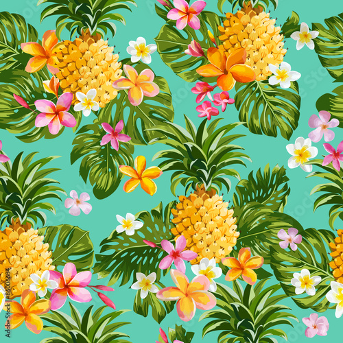 Pinapples and Tropical Flowers Background -Vintage Seamless Pattern
