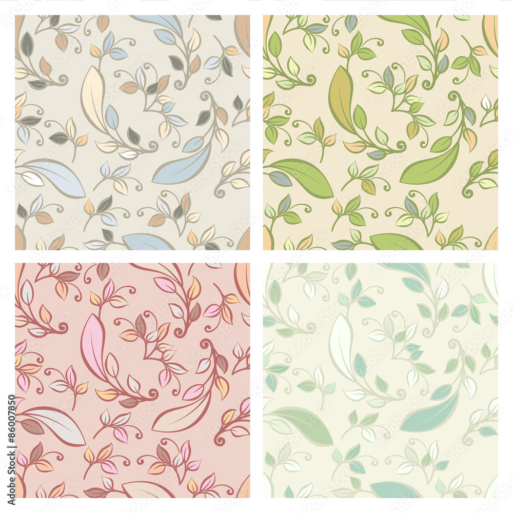 Set of vector seamless pattern with pastel decorative leaves. Ve Set of vector seamless pattern with pastel decorative leaves. Ve