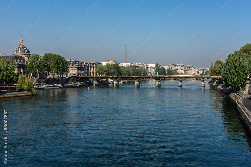 Picturesque embankments of Seine River early morning. Paris.