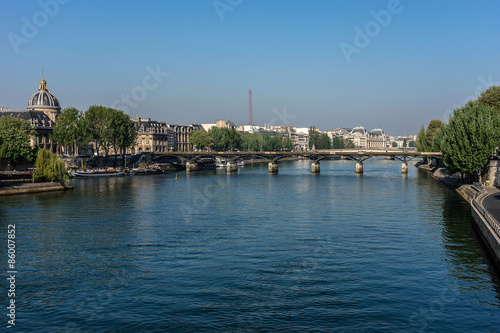 Picturesque embankments of Seine River early morning. Paris.