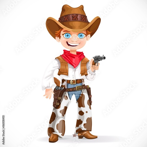 Cute boy dressed as a cowboy with revolver isolated on a white b