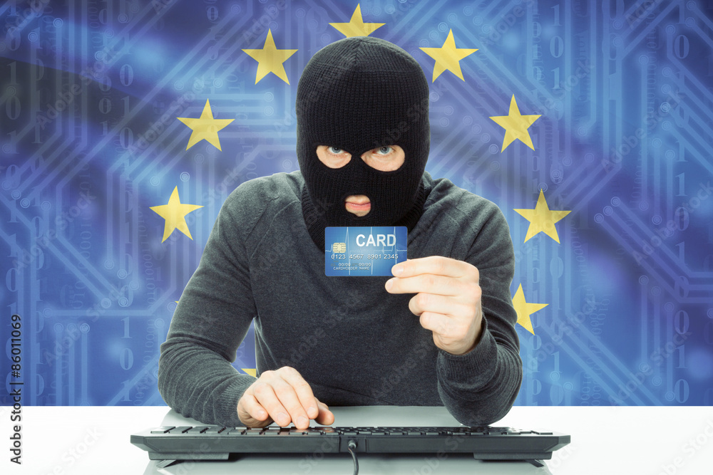 Concept of cybercrime with national flag on background - European Union - EU Concept of cybercrime with national flag on background - European Union - EU