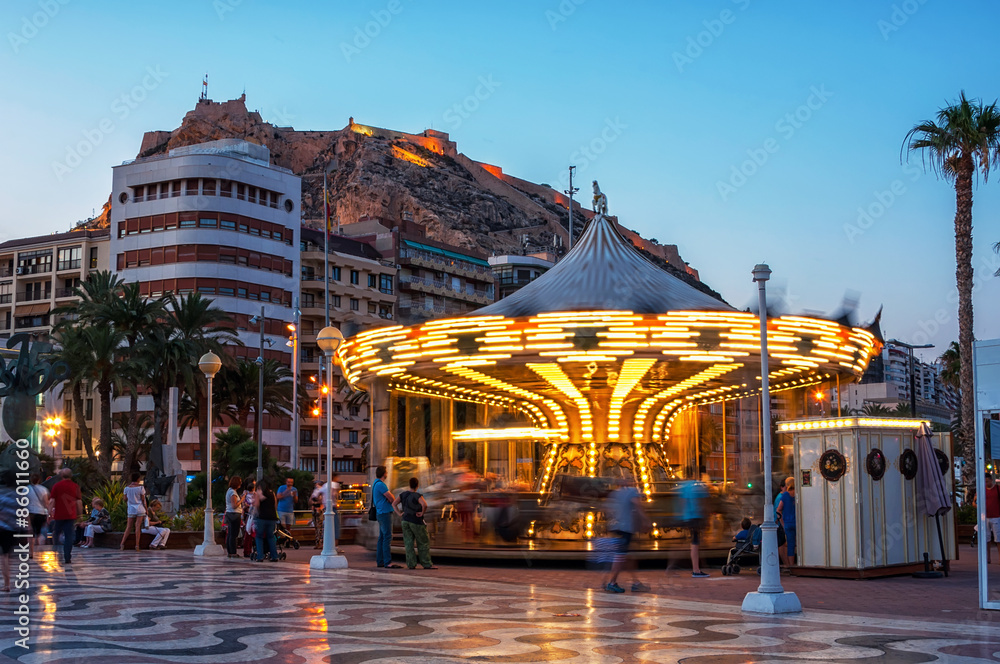 Evening in Alicante, Spain with Castle and Carousel