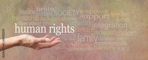 Human Rights is in Our Hands campaign banner - female's open palm with the words 'human rights' above surrounded by a relevant word cloud on a wide stone effect background