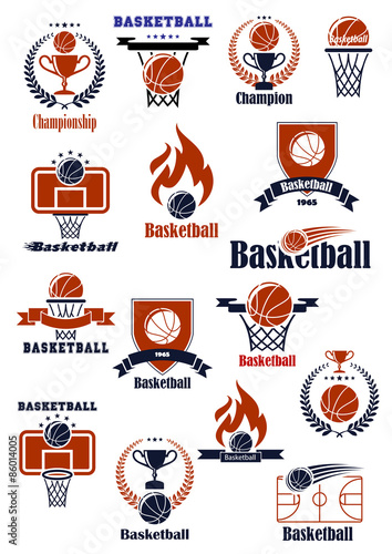 Basketball emblems with sports heraldic elements